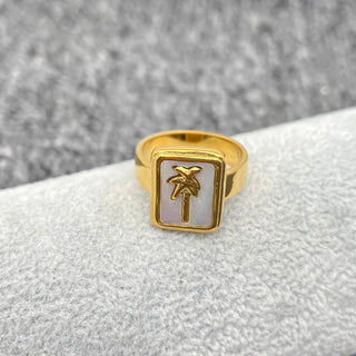 Inlaid Stone 18K Gold Plated Stainless Steel Coconut Tree Ring