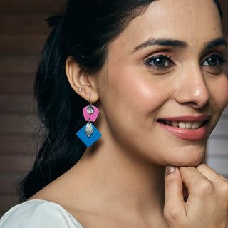 Handcrafted Fuchsia & Blue Patina Geometric Drop Earrings