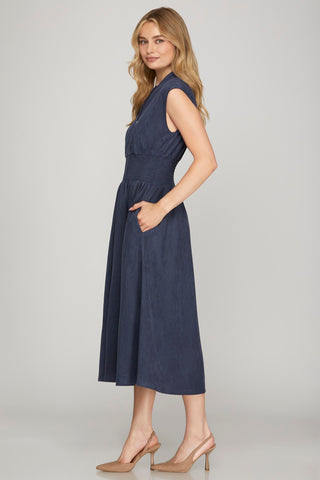 Zipper Suede Midi Dress