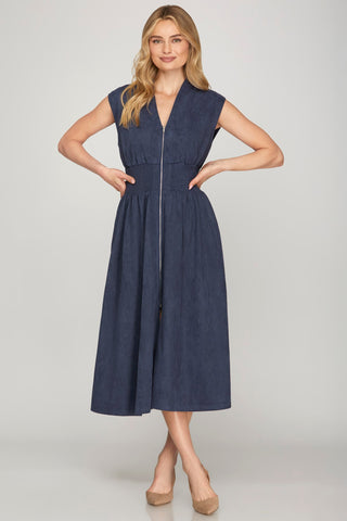Zipper Suede Midi Dress