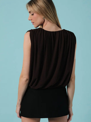 Round Neck Sleeveless Draped Mesh Top