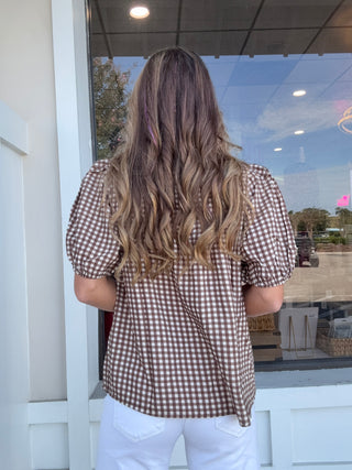Plaid Collared Puff Sleeve Blouse