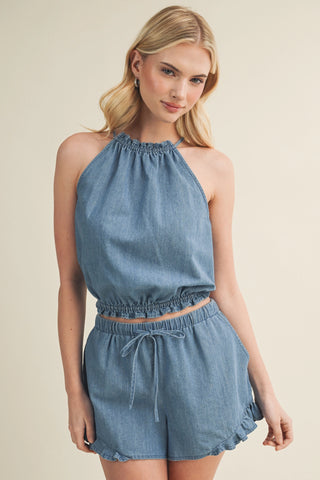 Gathered Halter Tie-Back Denim Top