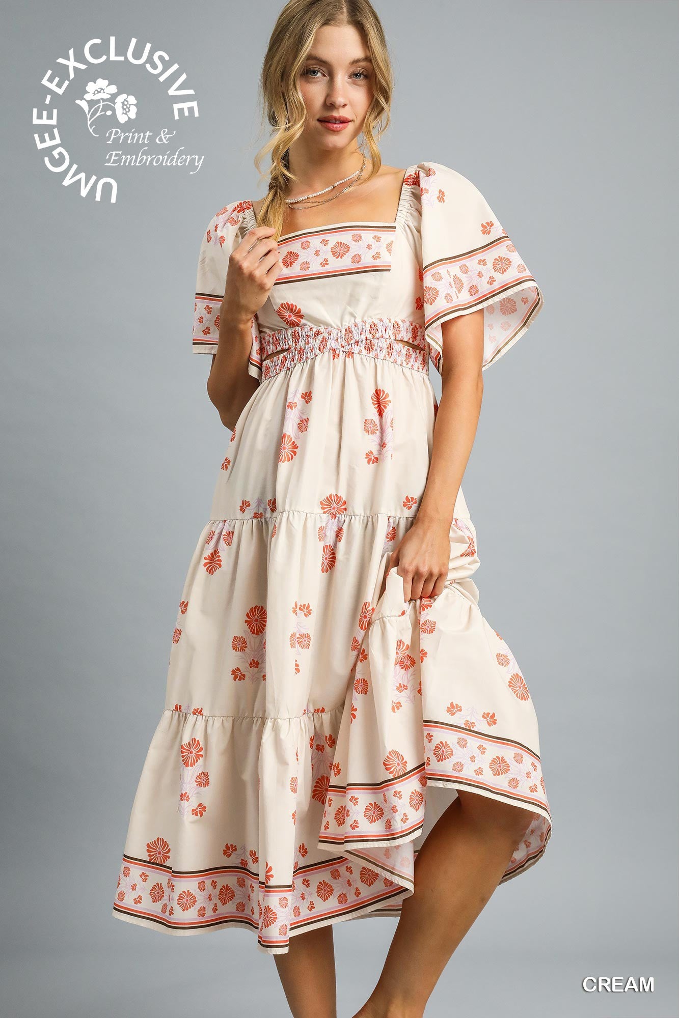 Umgee Floral Smocked Midi Dress