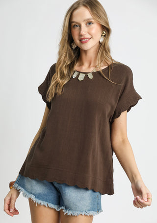 Umgee Scallop Hem Linen Blend Top