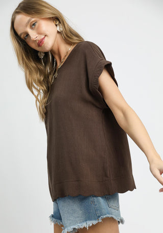 Umgee Scallop Hem Linen Blend Top
