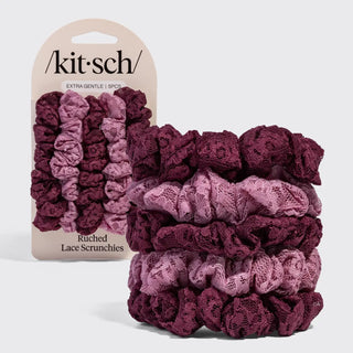 KITSCH Ruched Lace Scrunchies 5pc Set - Cherry Lacquer & Dusty Pink