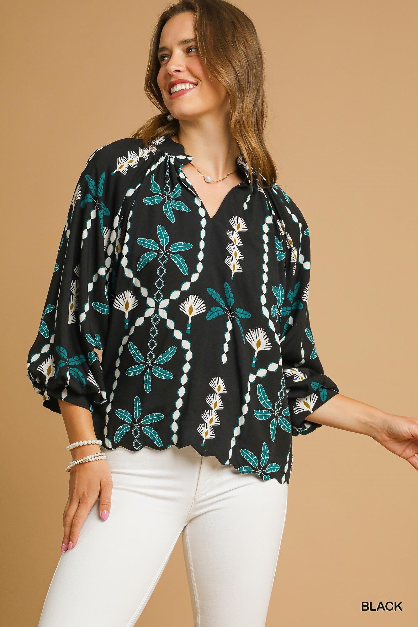 Umgee Abstract Bubble Sleeve Blouse