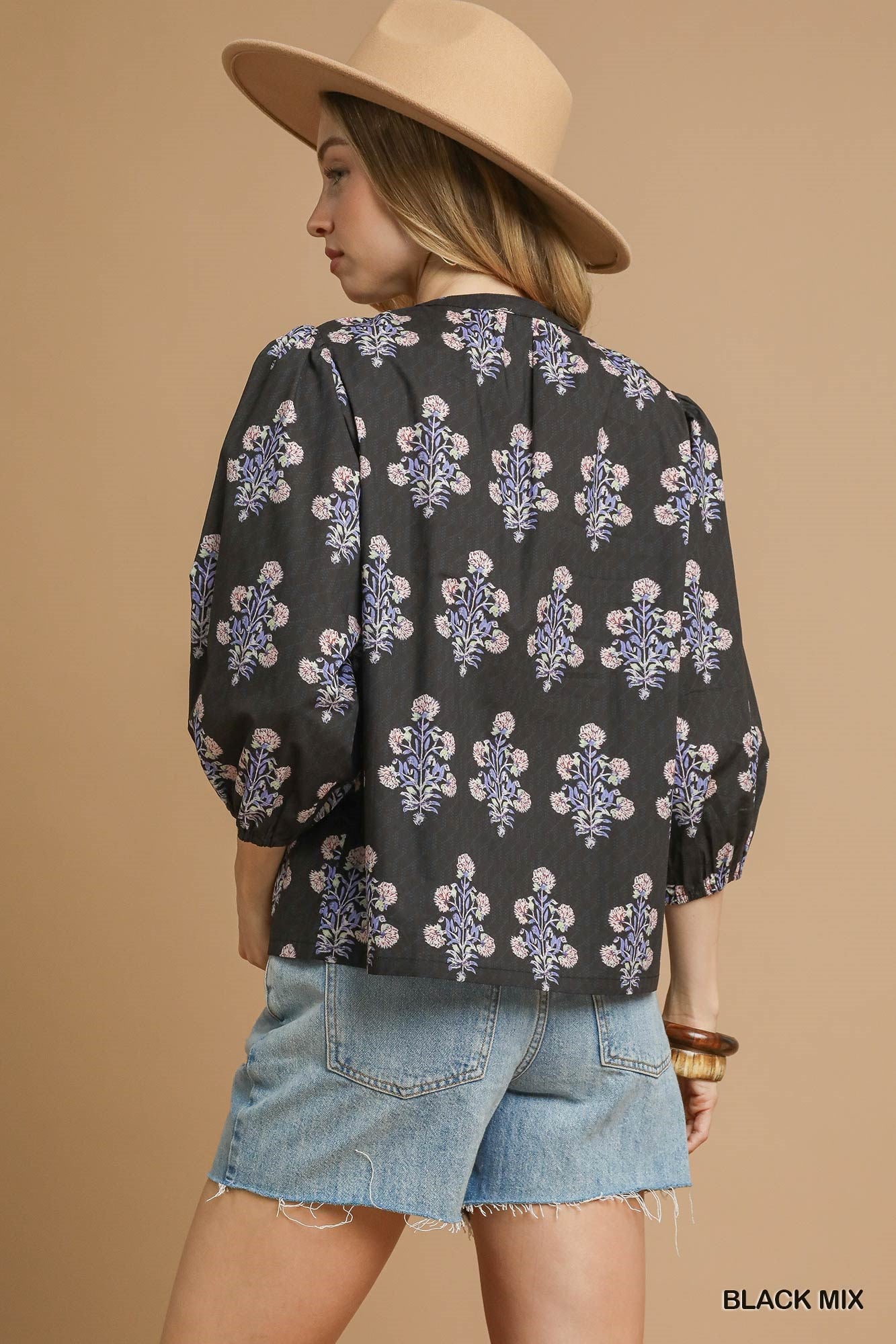 Umgee Mix Floral Tie-Neck Blouse