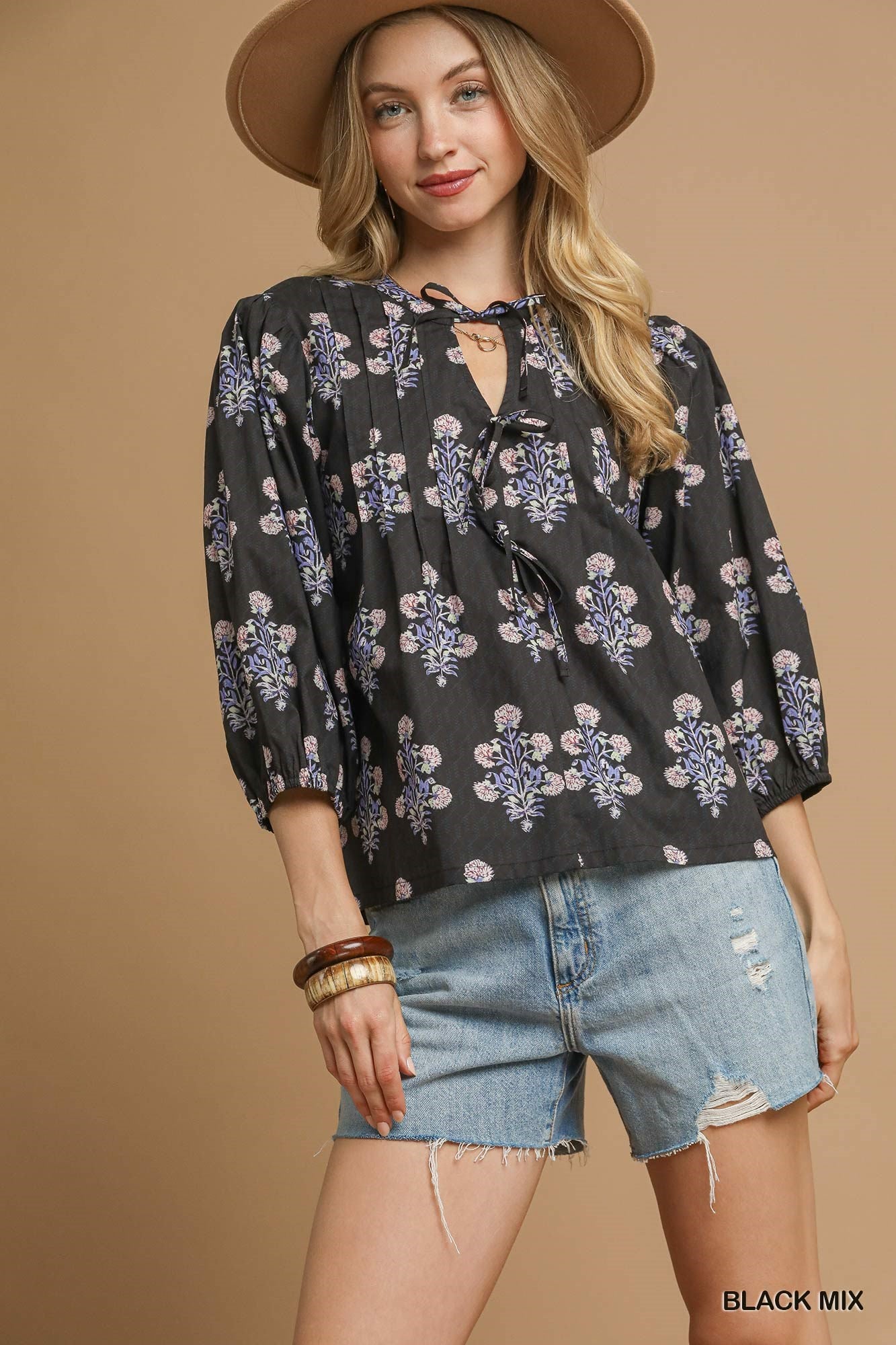 Umgee Mix Floral Tie-Neck Blouse