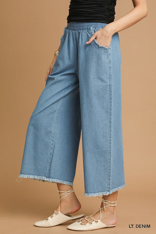 Umgee Denim Pants with Fringe Hem