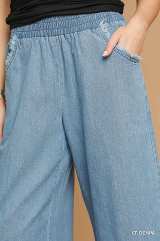 Umgee Denim Pants with Fringe Hem
