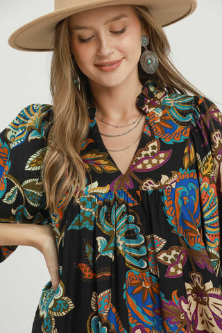 Umgee Fall Floral Puff Sleeve Babydoll Dress