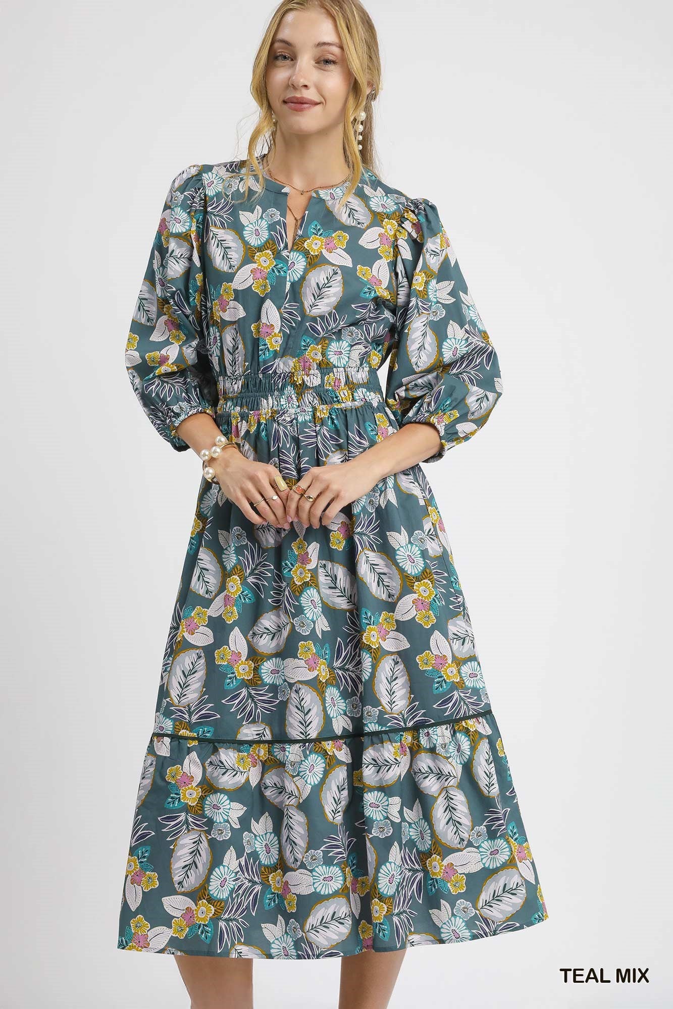 Umgee Floral Smocked Midi Dress