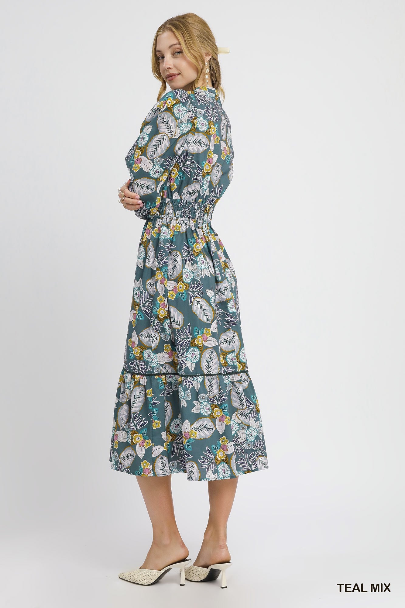 Umgee Floral Smocked Midi Dress