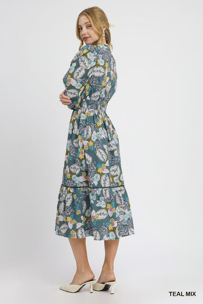 Umgee Floral Smocked Midi Dress