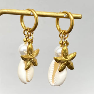 Cowrie & Starfish Huggie Earrings