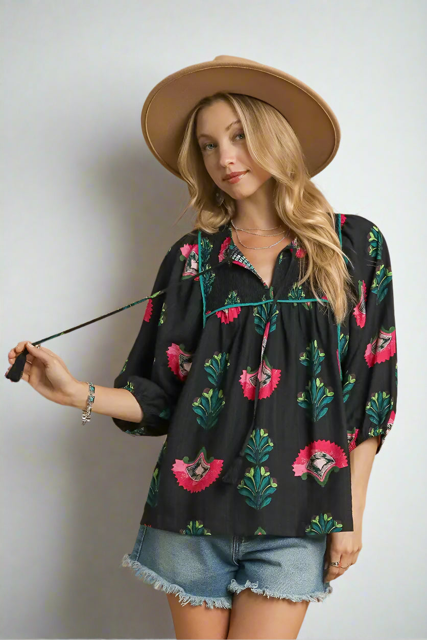 Umgee Smocked Boho Tassel Tunic Top