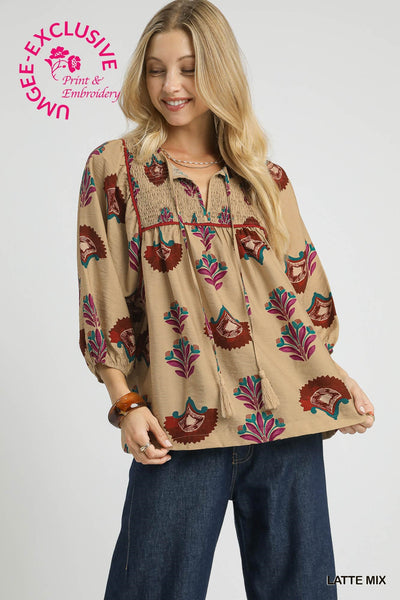 Umgee Smocked Boho Tassel Tunic Top