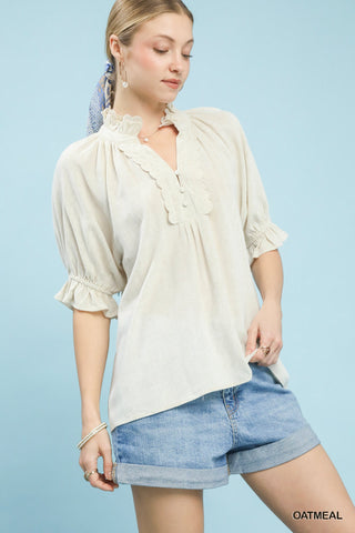 Umgee Ruffle Scallop Hem Button Blouse