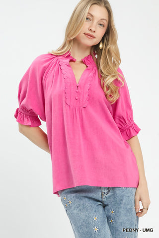 Umgee Ruffle Scallop Hem Button Blouse