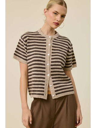 Striped Short Sleeve Knit Cardigan