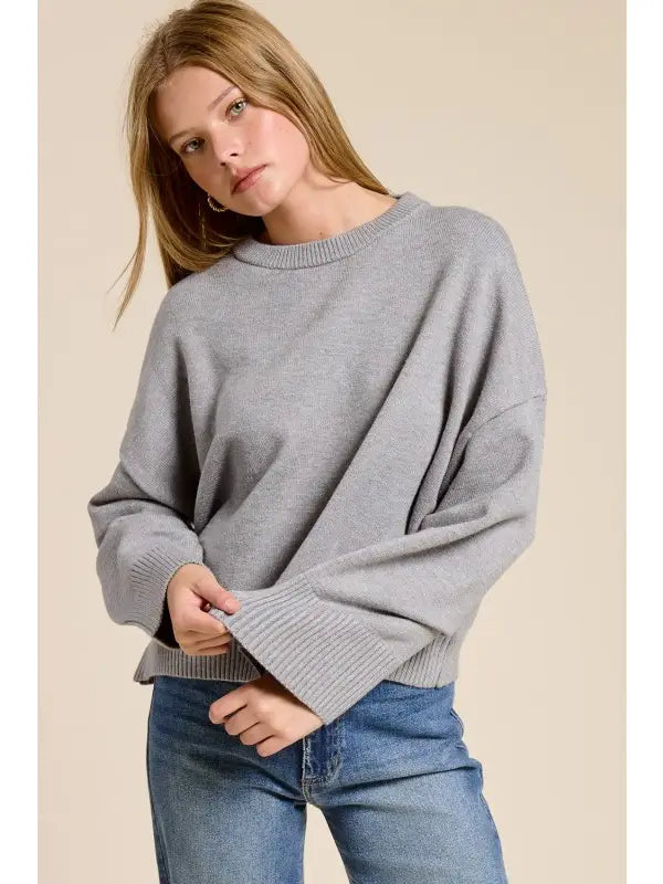 Ruched Sleeve Crewneck Sweater
