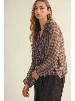 Ruffle Cascade Plaid Georgette Blouse