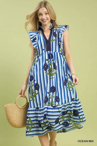 Umgee Mix Print Floral Midi Dress