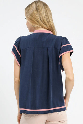 Umgee Linen Contrast Ruffle Sleeve Top