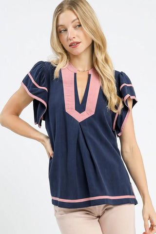 Umgee Linen Contrast Ruffle Sleeve Top