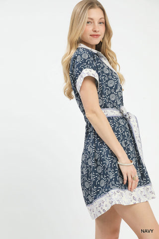 Umgee Border Print Belted Shirt Dress