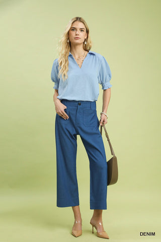 Denim Wide Leg Crop Pants with Front Pockets