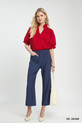 Denim Wide Leg Crop Pants with Front Pockets