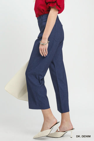 Denim Wide Leg Crop Pants with Front Pockets