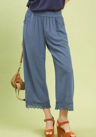 Umgee Lace Trim Fringe Linen Pants