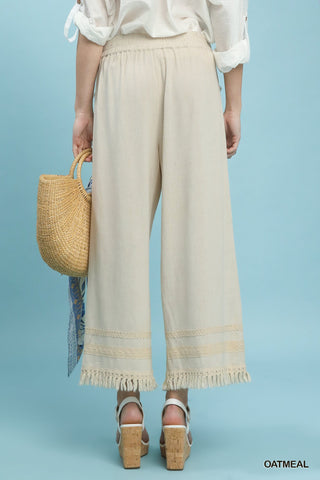 Umgee Lace Trim Fringe Linen Pants