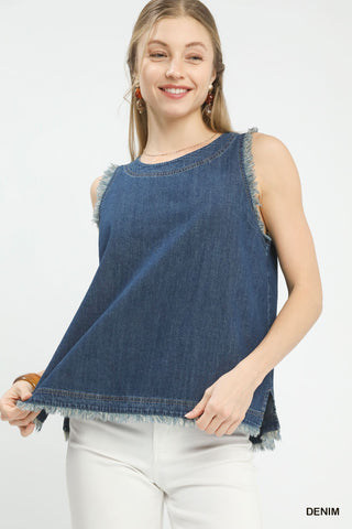 Umgee Denim Sleeveless Fringe Hem Top