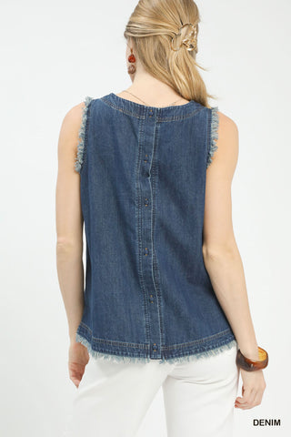 Umgee Denim Sleeveless Fringe Hem Top