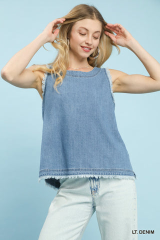 Umgee Denim Sleeveless Fringe Hem Top