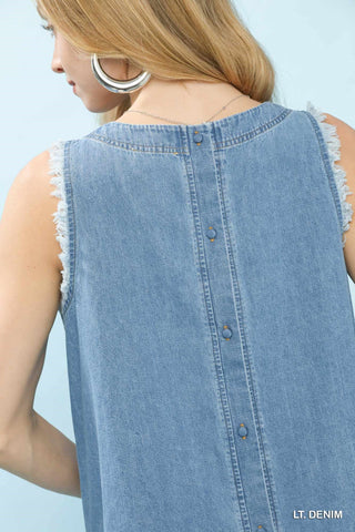 Umgee Denim Sleeveless Fringe Hem Top