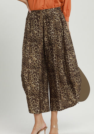 Umgee Olive Leopard Print Bubble Hem Wide Leg Pants