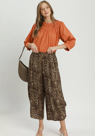 Umgee Olive Leopard Print Bubble Hem Wide Leg Pants