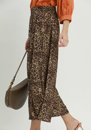 Umgee Olive Leopard Print Bubble Hem Wide Leg Pants