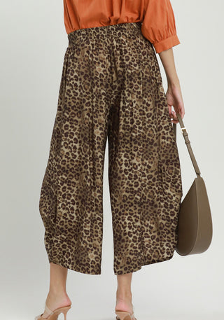 Umgee Olive Leopard Print Bubble Hem Wide Leg Pants
