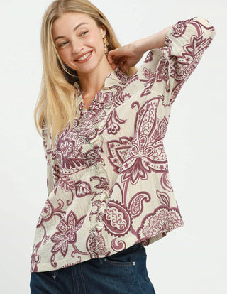 Umgee Abstract Print Top with Smocked Ruffled Details