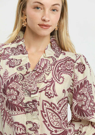 Umgee Abstract Print Top with Smocked Ruffled Details