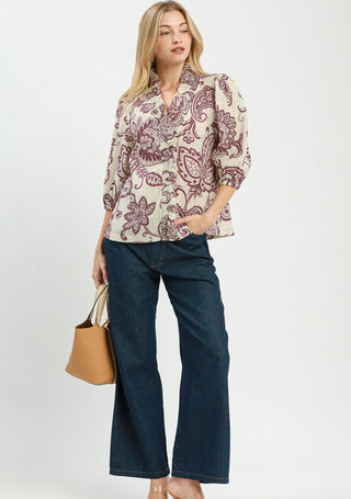 Umgee Abstract Print Top with Smocked Ruffled Details
