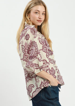 Umgee Abstract Print Top with Smocked Ruffled Details