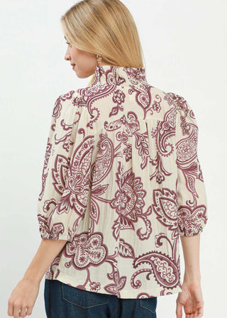 Umgee Abstract Print Top with Smocked Ruffled Details